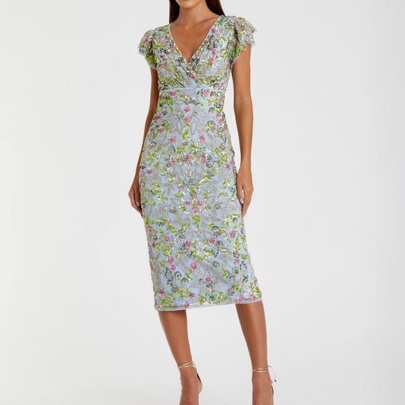 Mac Duggal 5722 Womens Blue FLORAL EMBELLISHED FLUTTER CAP SLEEVE DRESS - Picture 5 of 16